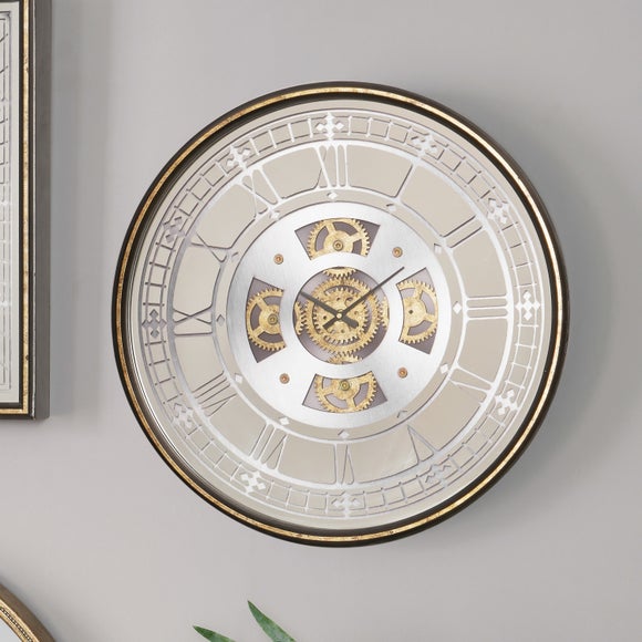 Antique Gold Wood and Mirror Working Cog Round Wall Clock