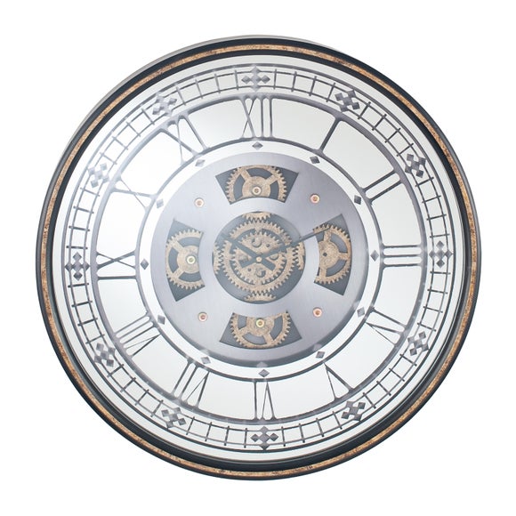 Antique Gold Wood and Mirror Working Cog Round Wall Clock