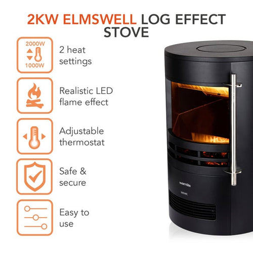 2000W Elmswell Round Contemporary Flame Effect Stove